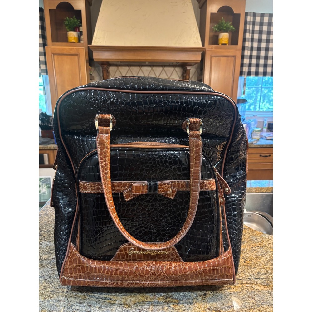 Samantha Brown Rolling Travel Bag Black Brown Croc Embossed Carry-On Luggage